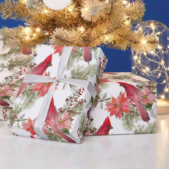 Red Cardinals, Berries and Poinsettia Flowers  Wrapping Paper (Holidays)