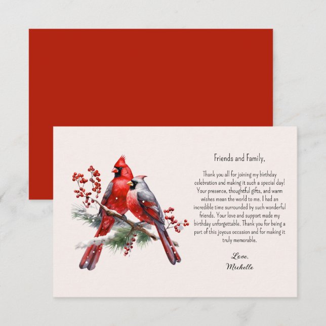 Red Cardinals Berries Birthday Thank You Card (Front/Back)