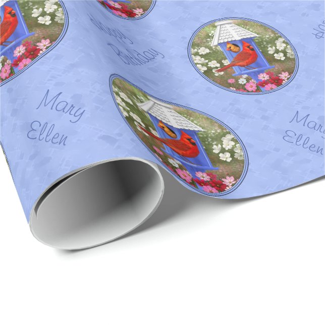 Red Cardinals Bird House Flower Garden Blue Wrapping Paper (Roll Corner)