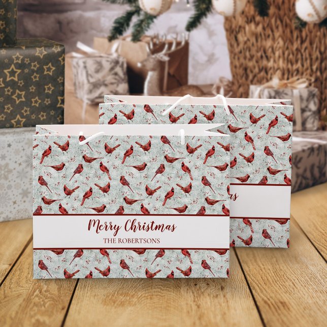 Red Cardinals Christmas Snowy Pine Personalised Large Gift Bag (Creator Uploaded)