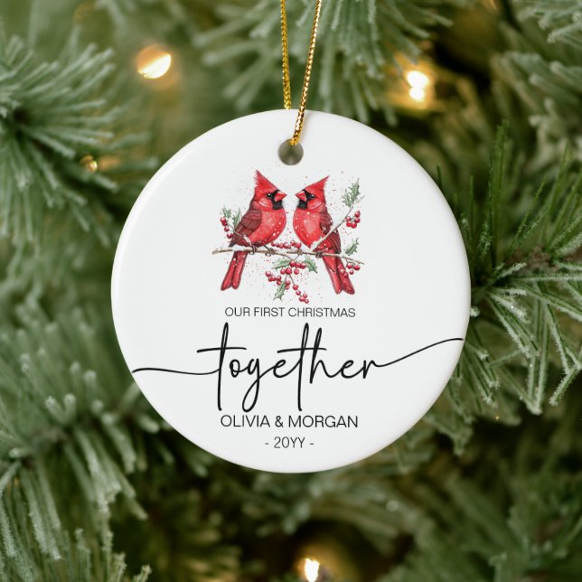Red cardinals First Christmas together Names Ceramic Tree Decoration (Tree)