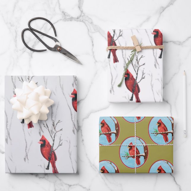 Red Cardinals Holiday Wrapping Paper Sheet (Front)