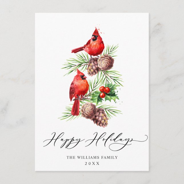 Red Cardinals Holly Berry Christmas Greeting Holiday Card (Front)