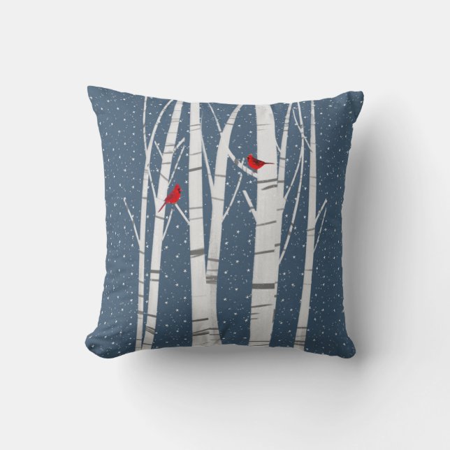 Red Cardinals In Winter Birch Tree Cushion (Front)