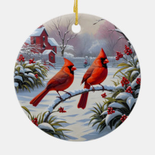 Red cardinals in winter ceramic tree decoration