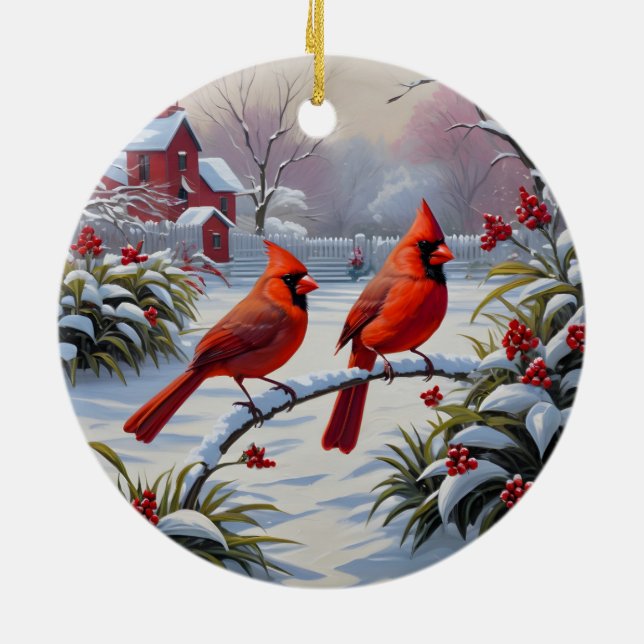 Red cardinals in winter  ceramic tree decoration (Back)