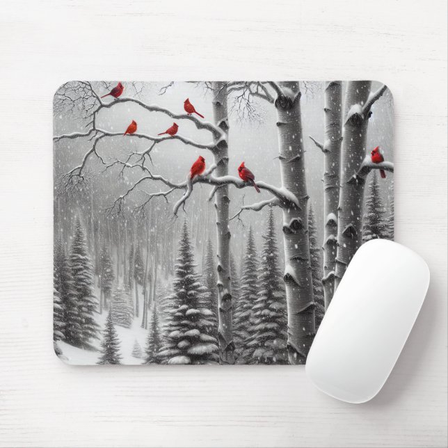 Red Cardinals In Winter Forest Mouse Mat (With Mouse)