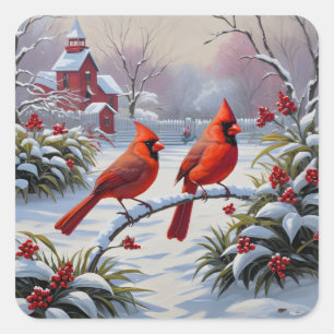 Red cardinals in winter  square sticker