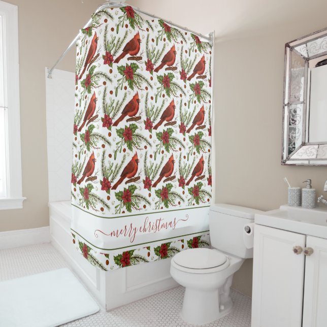 Red Cardinals Merry Christmas Shower Curtain (In Situ)
