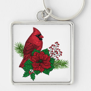 Red Cardinals on Christmas decoration Key Ring