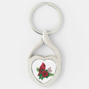 Red Cardinals on Christmas decoration Key Ring