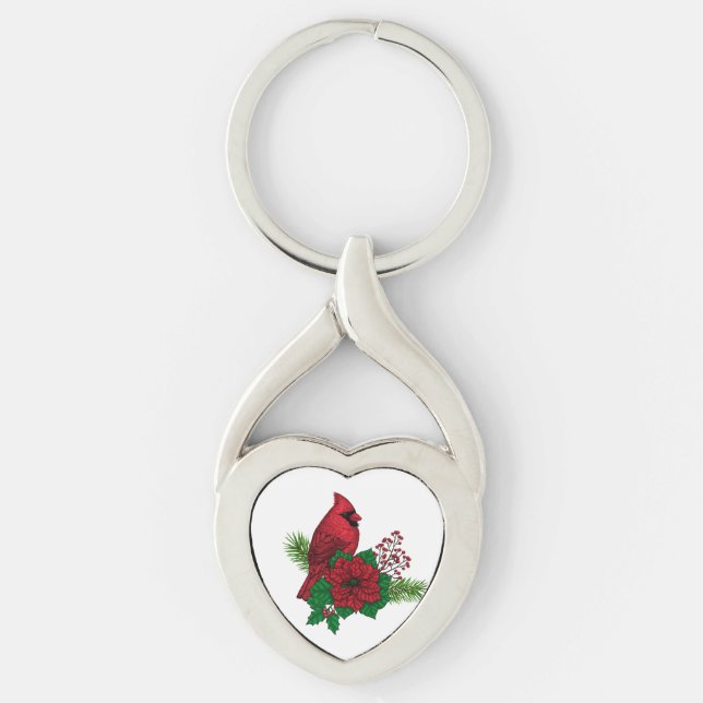 Red Cardinals on Christmas decoration Key Ring (Front)