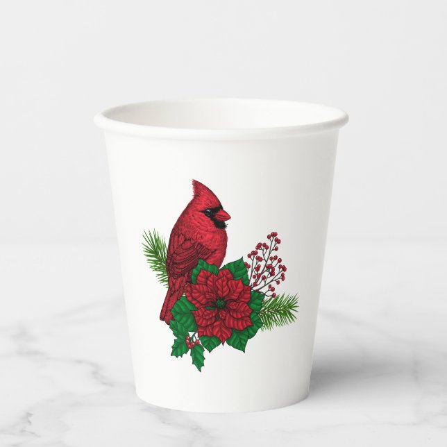 Red Cardinals on Christmas decoration Paper Cups (Front)