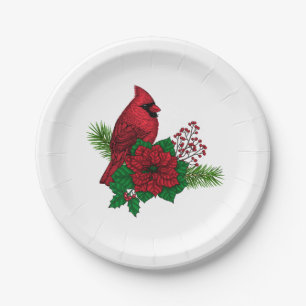 Red Cardinals on Christmas decoration Paper Plate