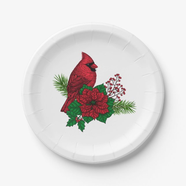 Red Cardinals on Christmas decoration Paper Plate (Front)
