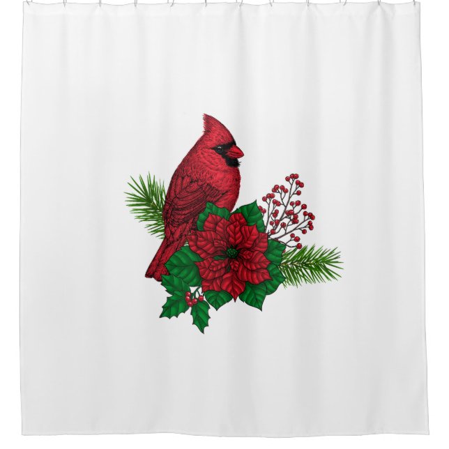Red Cardinals on Christmas decoration Shower Curtain (Front)