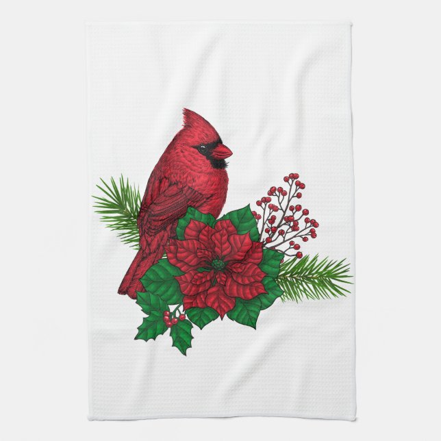 Red Cardinals on Christmas decoration Tea Towel (Vertical)