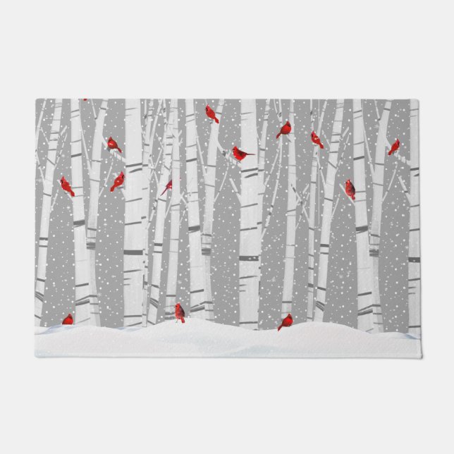 Red Cardinals On White Birch  Doormat (Front)