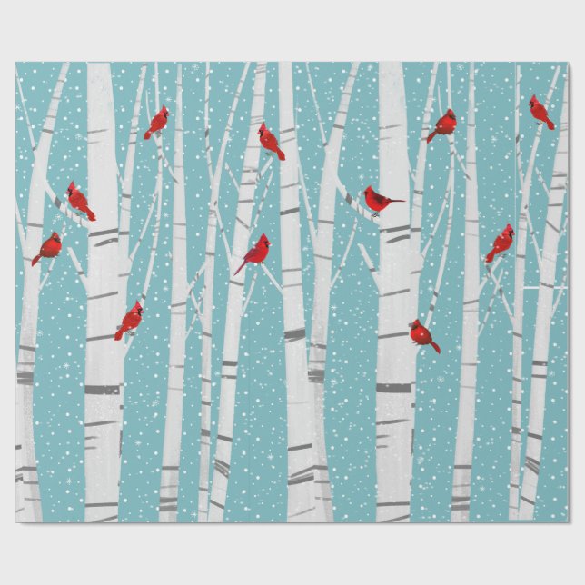 Red Cardinals On White Birch Wrapping Paper (Flat)