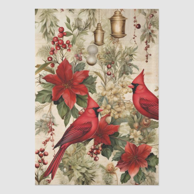 Red Cardinals & Winter Florals Decoupage  Tissue Paper (Front)