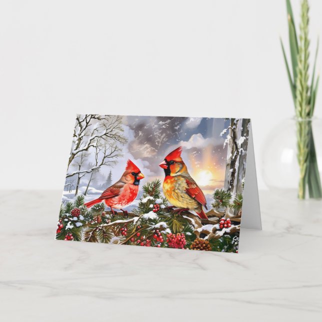 Red Cardinals with Wild Berries Winter Landscape Holiday Card (Front)