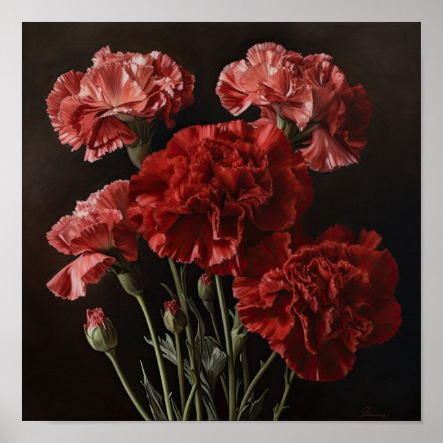 Red Carnations Flower Art Print Poster (Front)