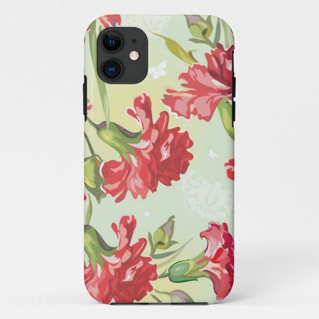 Red Carnations on green with butterflies Case-Mate iPhone Case (Back)