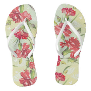 Red Carnations on green with butterflies Flip Flops