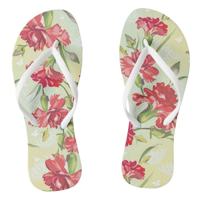 Red Carnations on green with butterflies Flip Flops (Footbed)