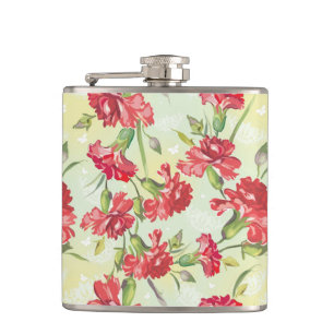 Red Carnations on green with butterflies Hip Flask