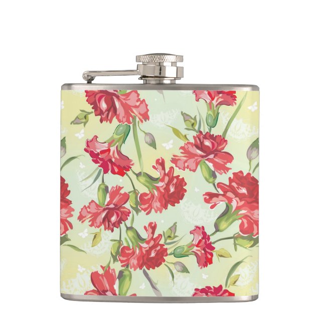 Red Carnations on green with butterflies Hip Flask (Front)