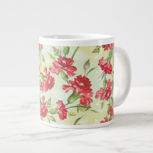 Red Carnations on green with butterflies Large Coffee Mug