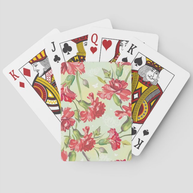 Red Carnations on green with butterflies Playing Cards (Back)