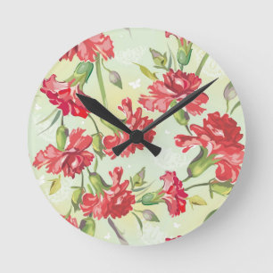 Red Carnations on green with butterflies Round Clock