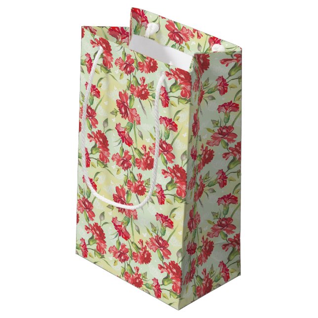 Red Carnations on green with butterflies Small Gift Bag (Back Angled)