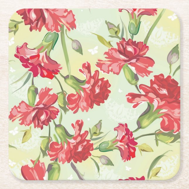 Red Carnations on green with butterflies Square Paper Coaster (Front)