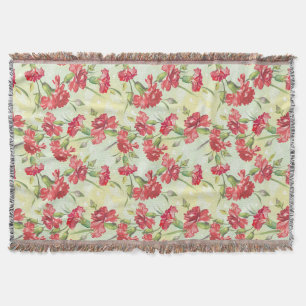 Red Carnations on green with butterflies Throw Blanket