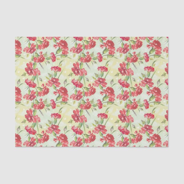 Red Carnations on green with butterflies Tissue Paper (Front)