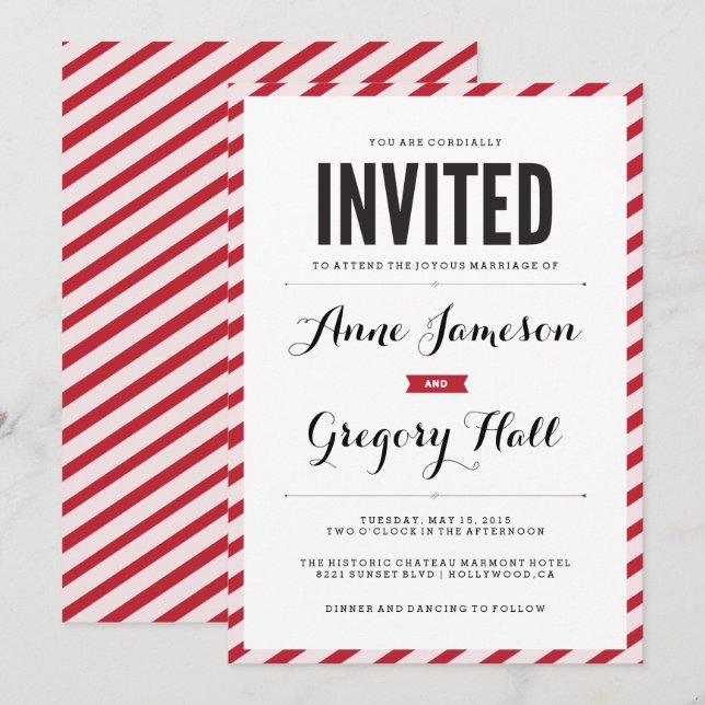 Red Carnival Stripes Modern Wedding Invitation (Front/Back)