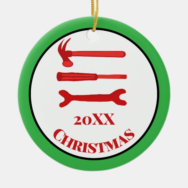 Red Carpenters Tools 2025 Christmas  Ceramic Tree Decoration (Front)