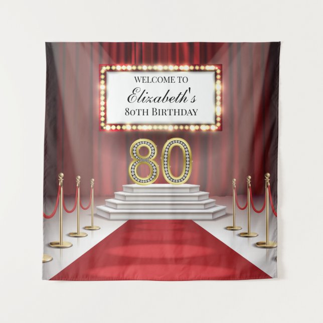 Red Carpet 80th Birthday Backdrop banner Tapestry (Front)