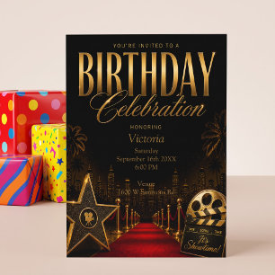 Red Carpet Black & Gold Hollywood Bitrhday Party Invitation