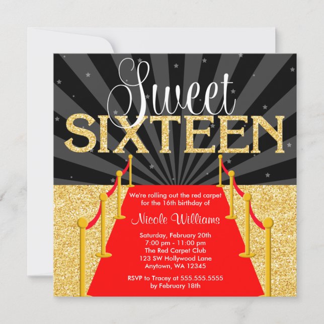 Red Carpet Gold Glam Hollywood Sweet 16 Birthday Invitation (Front)