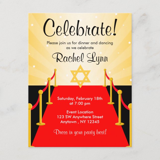 Red Carpet Hollywood Bat Mitzvah Reception Enclosure Card (Front)