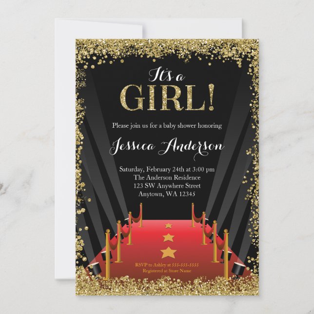 Red Carpet Hollywood Faux Glitter Girl Baby Shower Invitation (Front)