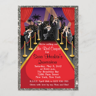 Red Carpet Hollywood Glitter Quinceañera Invite