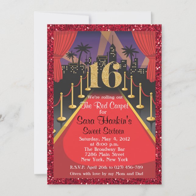 Red Carpet Hollywood Glitter Sweet 16 Invitation (Front)