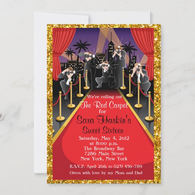 Red Carpet Hollywood Glitter Sweet 16 Invite (Front)