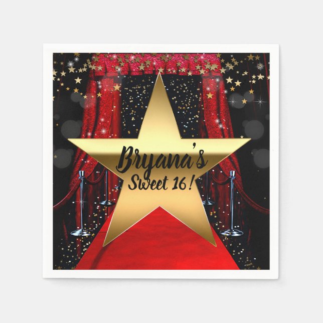 Red Carpet Hollywood Gold Stars Birthday Party Napkin (Front)
