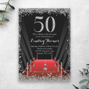 Red Carpet Hollywood Silver Glitter 50th Birthday Invitation